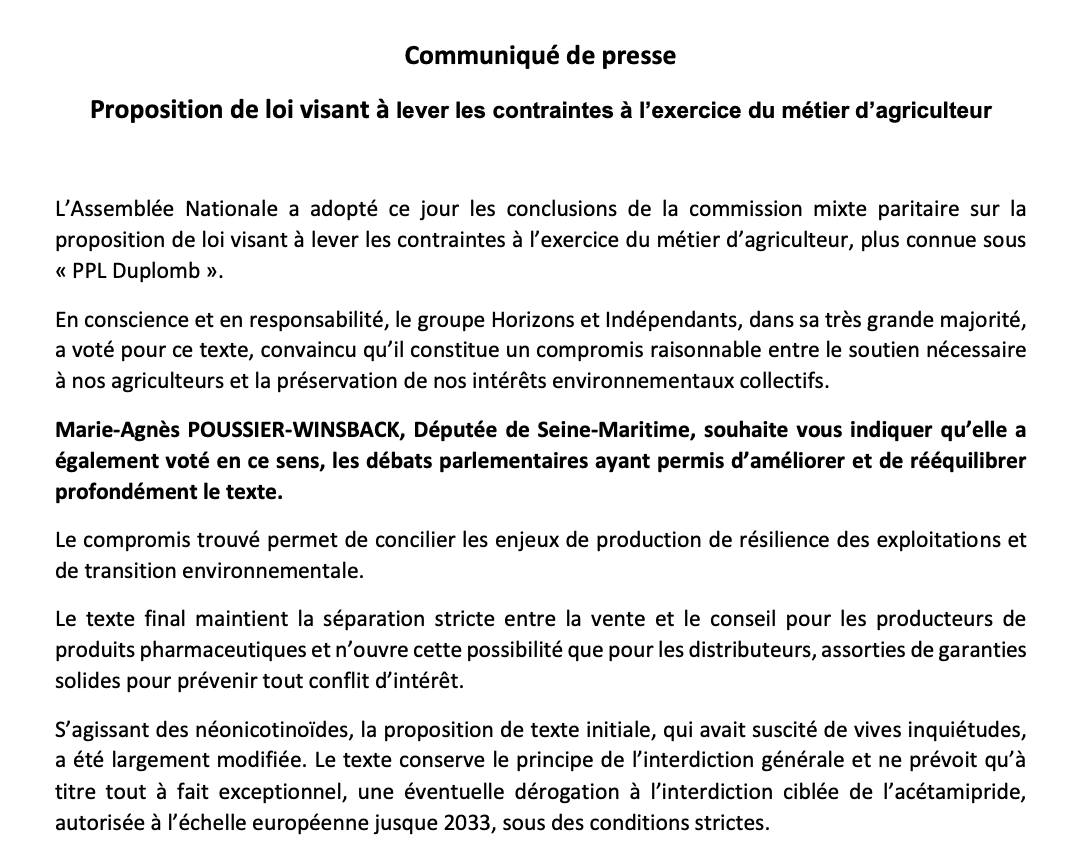 Communiqué de presse relatif à la loi Duplomb