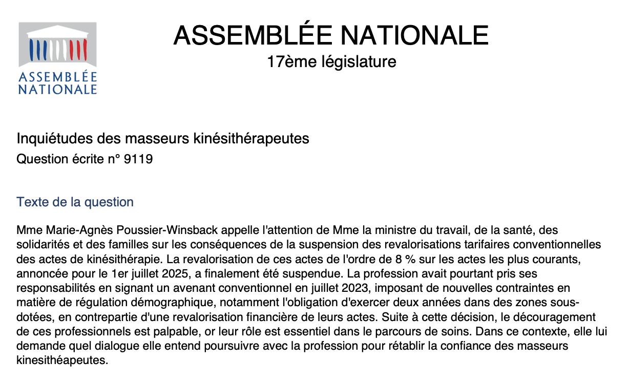 Question écrite n° 9119 : Inquiétudes des masseurs kinésithérapeutes